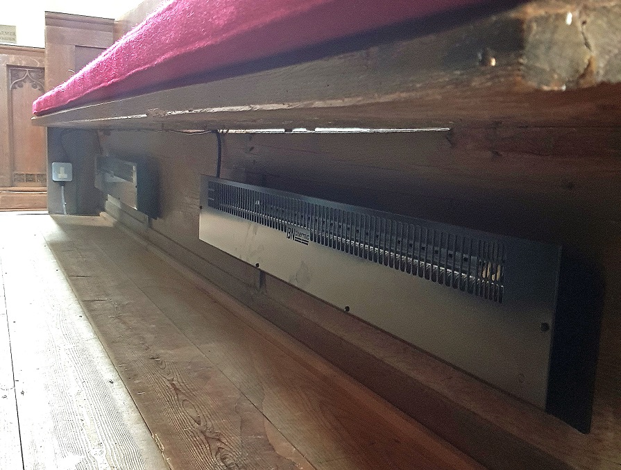 Pew heater installed using floor brackets – suspension brackets are also available