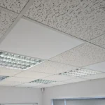 A ceiling featuring acoustic tiles and fluorescent lighting in an office setting.